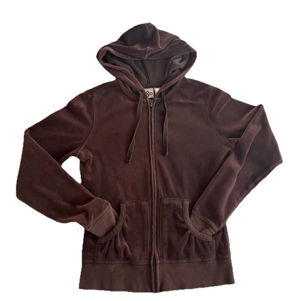 Vintage Y2K Juniors Track Velour Hoodie Full Zip Brown Emo Grunge Skater Jr Sz S